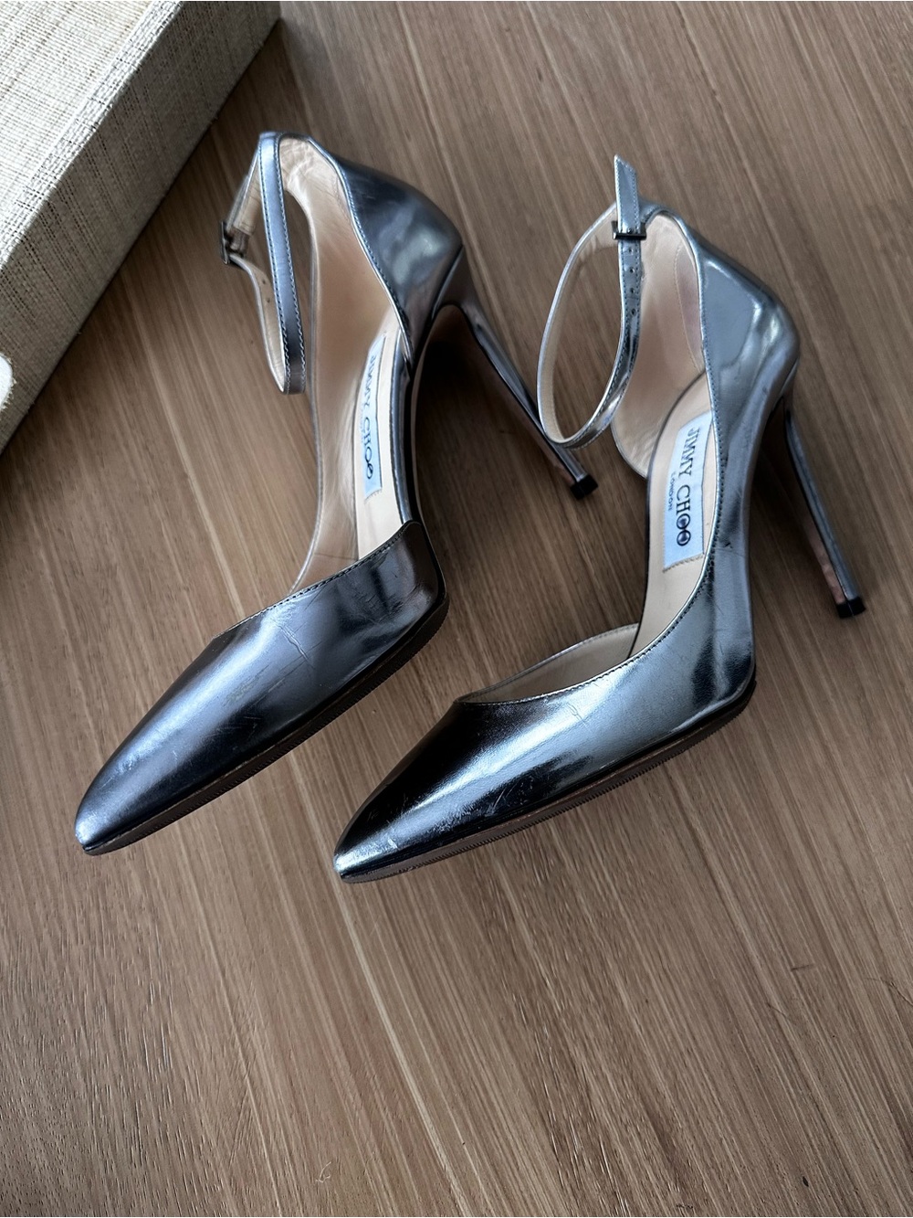 Jimmy Choo Metallic Silver Pointed-Toe Ankle-Strap Pumps - Picture 2 of 4